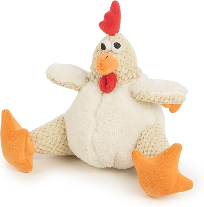 goDog Checkers Fat Rooster Squeaky Plush Dog Toy, Chew Guard Technology - White, Large