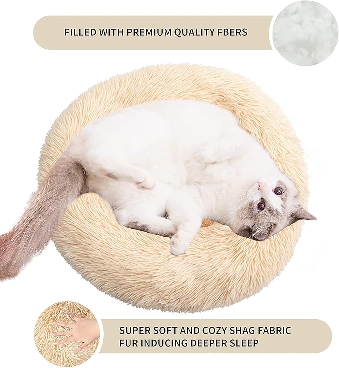 Cat Beds for Indoor Cats - Cat Bed Washable 20/24 inches, Dog Beds for Small Medium Dogs, Anti Anxiety Round Fluffy Plush Faux Fur Cat Bed, Thick Bottom (Medium, Tan)
