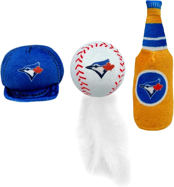 BEST PLUSH CAT TOY - MLB TORONTO BLUE JAYS Complete Set of 3 piece Cat Toys filled with Fresh Catnip. Incld: 1 Baseball Cap Cat Toy, 1 Baseball Cat Toy with Feathers & 1 Beer Bottle. Team LOGOS