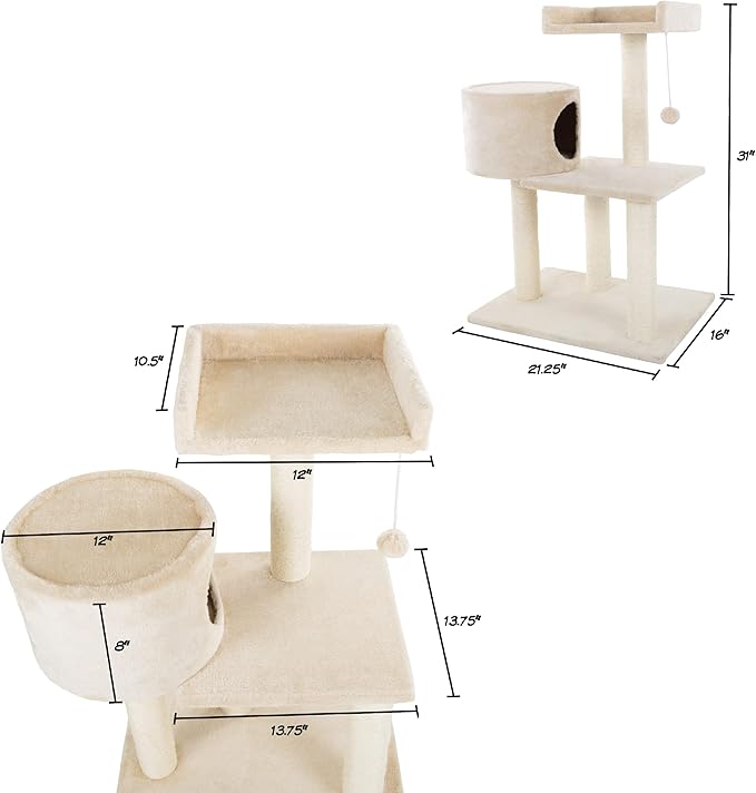 3-Tier Cat Tower - 2 Napping Perches, Cat Condo, 4 Sisal Rope Scratching Posts, Hanging Toy – Cat Tree for Indoor Cats and by PETMAKER (Beige)