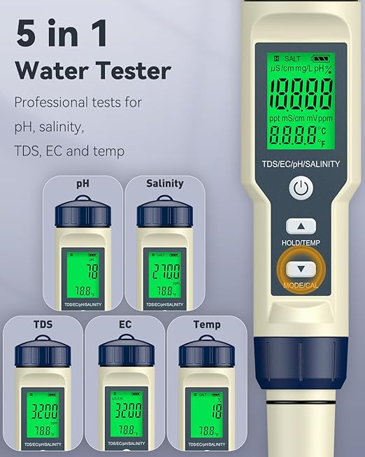 Pawfly Pool Salt Tester & pH Meter, 5 in 1 pH Salinity TDS EC & Temperature Meter, Digital Salinity Tester TDS Meter for Swimming Pool Drinking Water Aquarium Hot Tub Saltwater & Spa