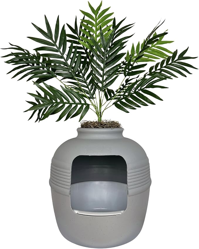 Good Pet Stuff, Original Hidden Litter Box & Reusable Liner Essentials Kit, Round Enclosed Cat Planter Litter Box with Artificial Plants, Vented Carbon Odor Filter System, Easy to Clean, Stone Gray