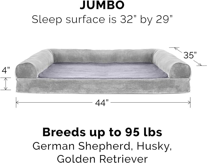 Furhaven Orthopedic Dog Bed for Large Dogs w/ Removable Bolsters & Washable Cover, For Dogs Up to 95 lbs - Faux Fur & Velvet Sofa - Smoke Gray, Jumbo/XL