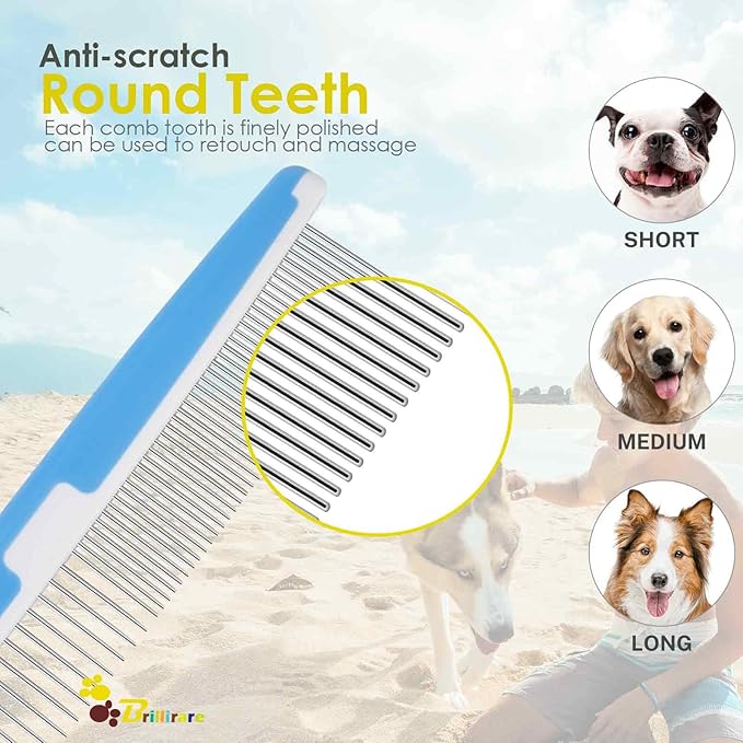 2 Pack Dog Combs, 2-in-1 Stainless Steel Cat Grooming Comb with Rounded Teeth, Professional Pet Dematting Tool, Prevents Knots and Mats for Small, Medium & Large Pets with Long & Short