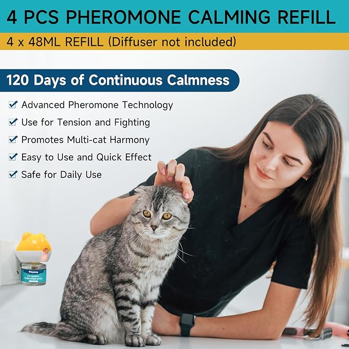 Cat Calming Diffuser Refills - 4 Pack Cat Pheromones Calming Diffuser for Cat Anxiety Relief, Cat Pheromone Diffuser, 120 Days Pheromone Diffuser to Calm Cats, Fits All Common Diffuser Heads