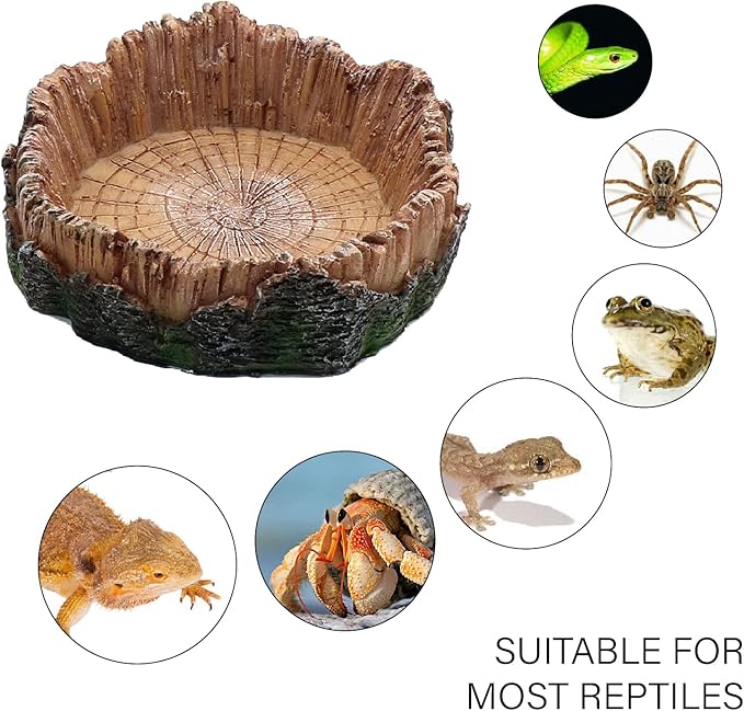 Reptile Water Dish Food Bowls, 2 Pcs Artificial Tree Trunk Reptile Tank Decor Bowl for Leopard Gecko Lizard Spider Scorpion Hermit Crabs