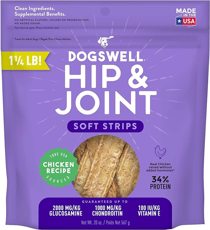 DOGSWELL Hip & Joint Dog Treats 100% Meaty, Grain Free, Glucosamine Chondroitin & Omega 3, Chicken Soft Strips 20 oz