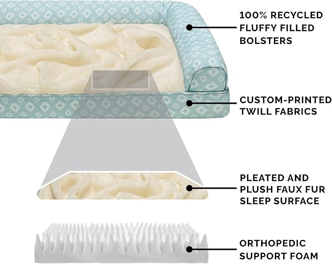 Furhaven Cozy Orthopedic Dog Bed for Medium/Small Dogs w/ Removable Bolsters & Washable Cover, For Dogs Up to 35 lbs - Plush & Diamond Print Nest Top Sofa - Aqua, Medium
