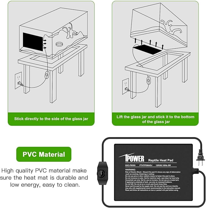 iPower 6"x8" Reptile Heat Pad Under Tank Warmer Terrarium Heater Heating Mat with Temperature Adjustable Controller, Digital Thermometer and Hygrometer with Humidity Probe for Amphibian, Pet