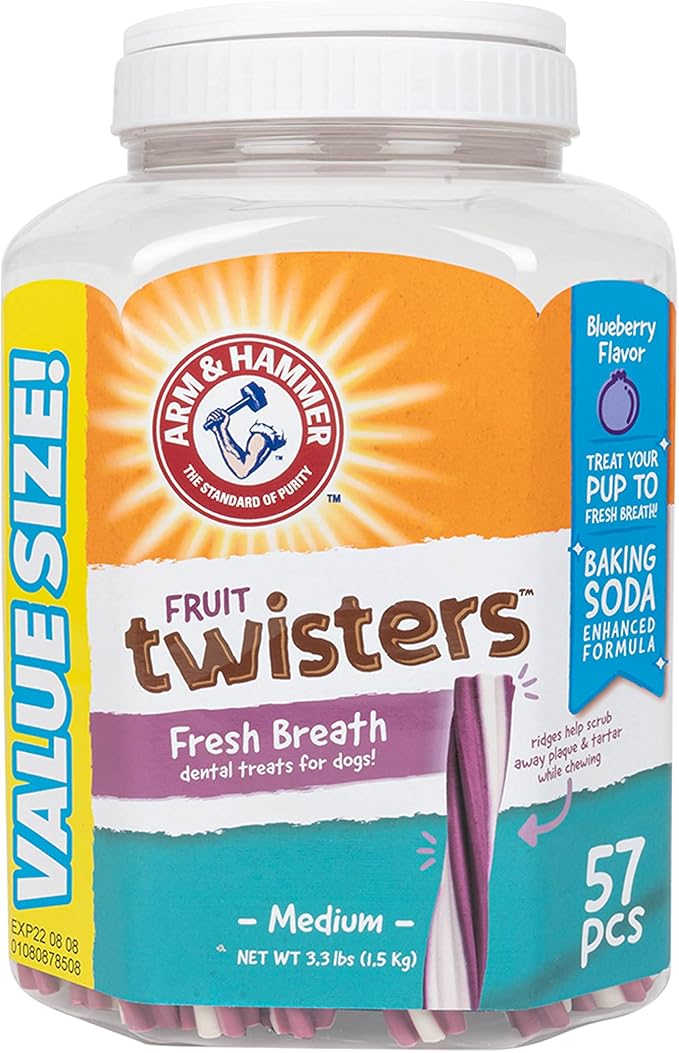 Arm & Hammer for Pets Fruit Twisters Dental Treats for Dogs, Value Pack, 57 Pieces - 6 Pack | Blueberry Flavored Dog Dental Chews Fight Bad Breath, Plaque & Tartar Without Brushing