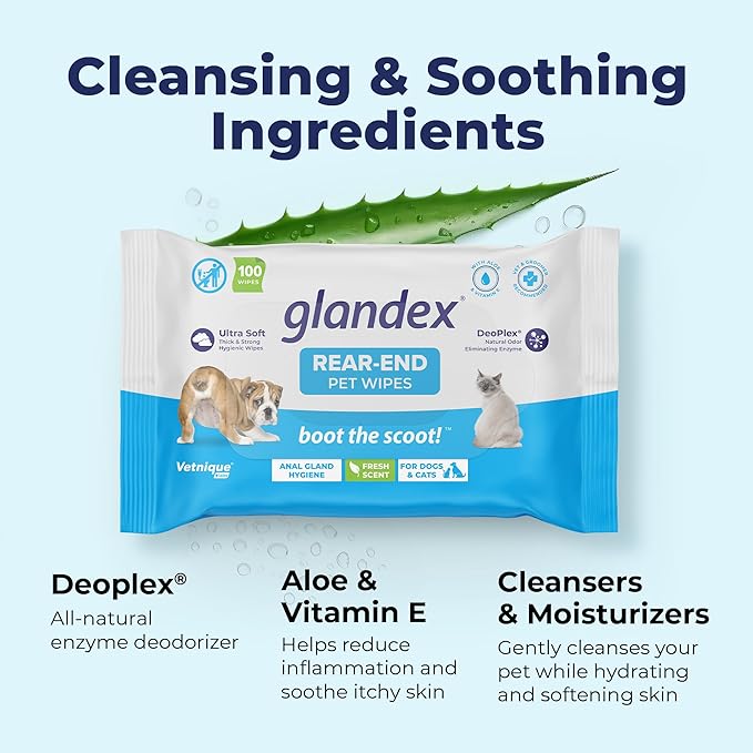 Vetnique Labs Glandex Dog Wipes for Pets Cleansing & Deodorizing Anal Gland Hygienic Dog & Cat Wipes with Vitamin E, Skin Conditioners and Aloe (100ct Pouch)