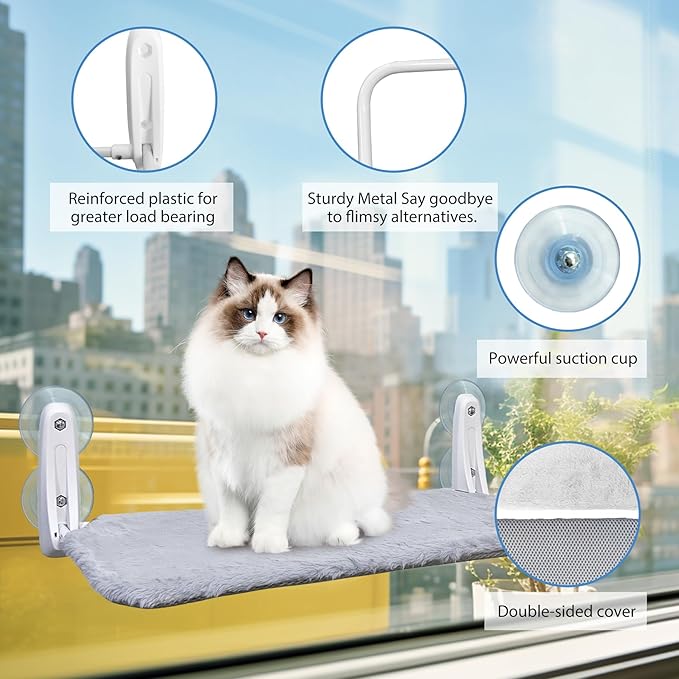 L&W BROS. 2PC Cat Window Perch Cordless Cat Hammock Easy to Assemble without tools in 2 minutes, with 4 Suction Cups, Soft Reversible Cover 20"x 12" Foldable Cat Beds for Indoor Cats (M 2Pc)