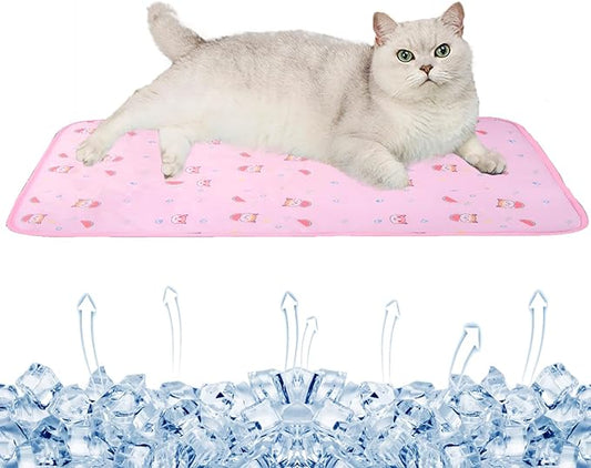 SEIS Dog Ice Pad Ice Silk Cats Kennel Mat Pet Cooling Pad Summer Cool Bamboo Mat Breathable Pad (Pink Cat, S