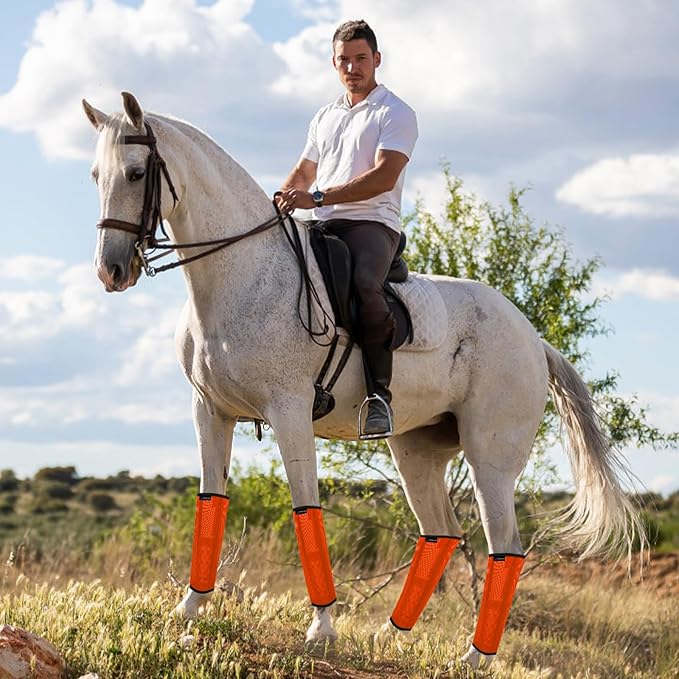 Horse Fly Boots, Adjustable Fly Boots for Horses Set of 4, Comfortable Horse Leggings, Breathable Plastic Mesh Material, Horse Supplies for Reduces Stress & Leg Fatigue (Orange)