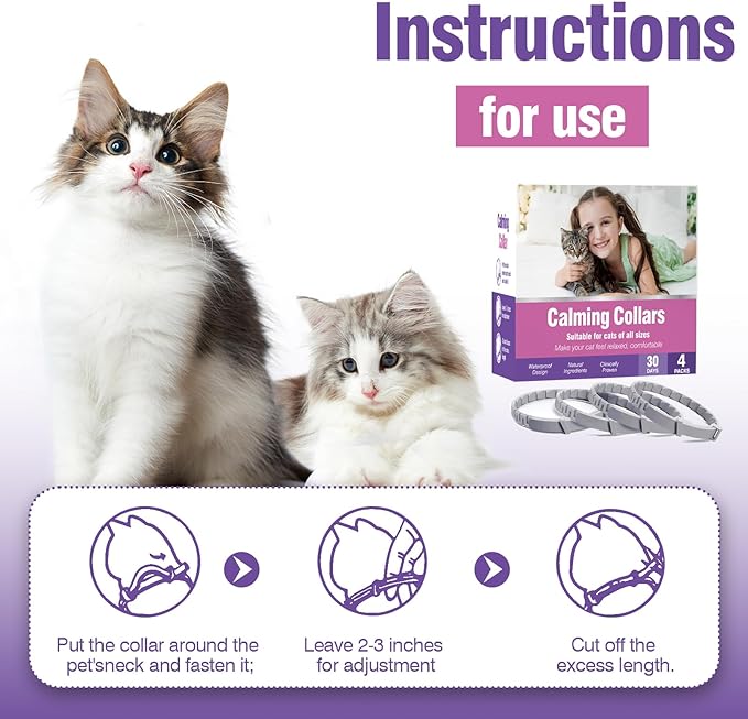 Calming Collar for Cats 4 Pack Calming Cat Collars Adjustable Soother Cats Calming Collars Anxiety Relief Stress Pheromone Collar for Cats Comfort Cat Calm Collars Lasts 30 Days Cats Calming Collar