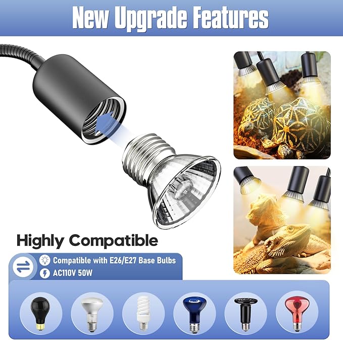 Reptile Heat Lamp, Three Head Reptile Light with Cycle Timer,UVA UVB light, dimmable Basking lamp for Tortoise, Bearded Dragon, Lizard, Snake, E26/27 Base with 4 Bulbs (50W)-Black
