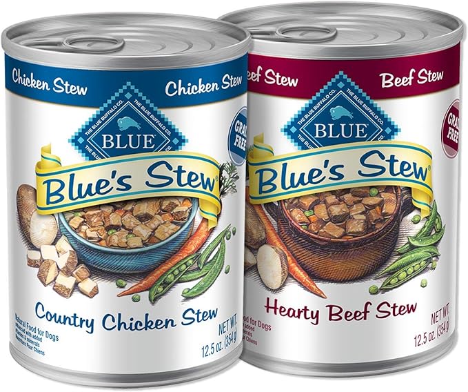 Blue Buffalo Blue's Stew Grain Free Natural Adult Wet Dog Food, Chicken Stew & Beef Stew 12.5-oz can (24 Count- 12 of Each Flavor)