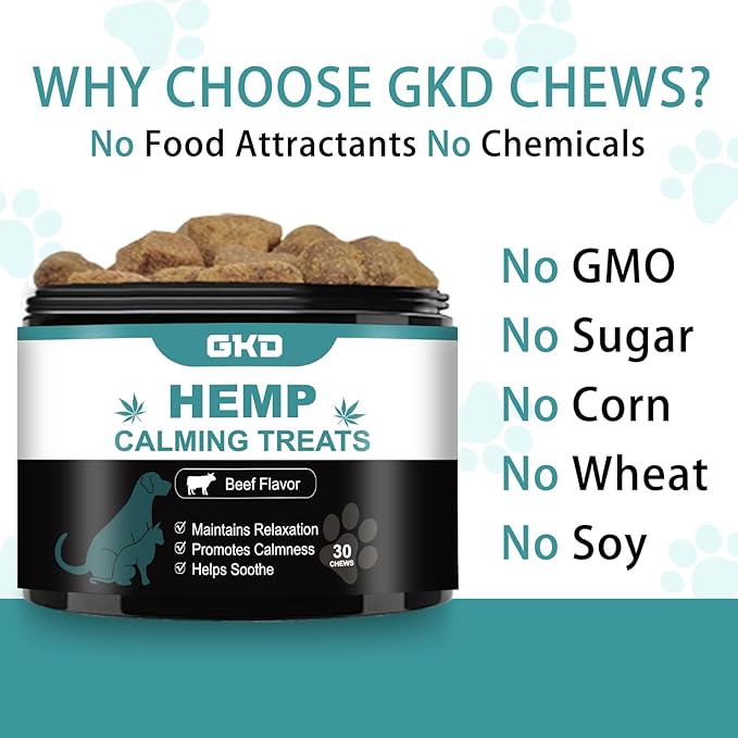 GKD Puppy Calming Chews Dogs, Hemp Dog Calming Treats Relief Bites Gummies, Anxiety Relief Sleeping Comfort Firework Grooming Seperation Relaxation Calm Gummies Supplements Aids Pet Supplies