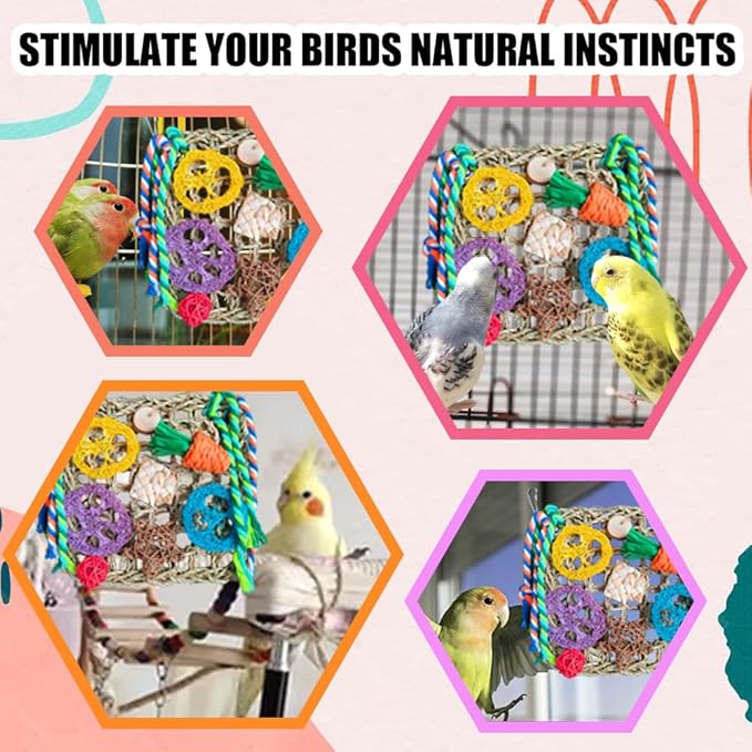 Parrot Toys, Bird Foraging Toys for Parakeets, Woven Climbing Hammock with Colorful Chewing Toys Seagrass Mat for Lovebirds, Parakeets, Budgerigars, Conure, Cockatiel