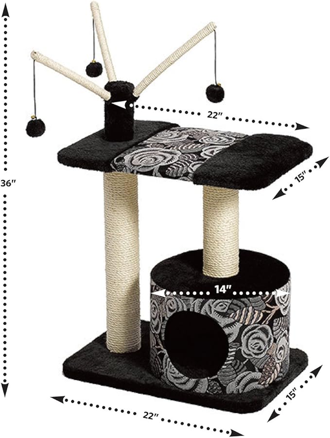 MidWest Homes for Pets Cat Tree | "Carnival" Cat Furniture, 3-Tier Cat Activity Tree w/ Sisal Wrapped Support Scratching Posts & Dangle Play Balls, Black / White Floral, Medium Cat Tree
