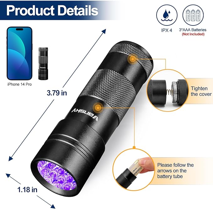 Black Light UV Light Flashlight: Vansky 395nm 12 LED 2 Pack Ultraviolet Blacklight Flashlight Mini Powerful Pet Urine Detector for Dog/Cat, Carpet Dry Stains Detection, Spot Scorpions, Resin Curing