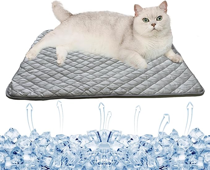 BAMY Cat Cooling Mat Summer Dog Silk Pad Self Cooling Cushion Washable Kitten Ice Blanket with Duck Strawberry Pattern (Grey, S (19.7"x15.7"))