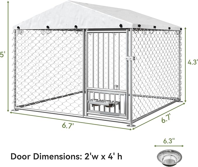 6.7' x 6.7' x 5' Outdoor Dog Kennel with Roof, Outside Dog Kennel with UV-Resistant & Waterproof Cover, Dog Kennel Outside with Rotating Feeding Bowls, Covered Outdoor Kennel for Dogs