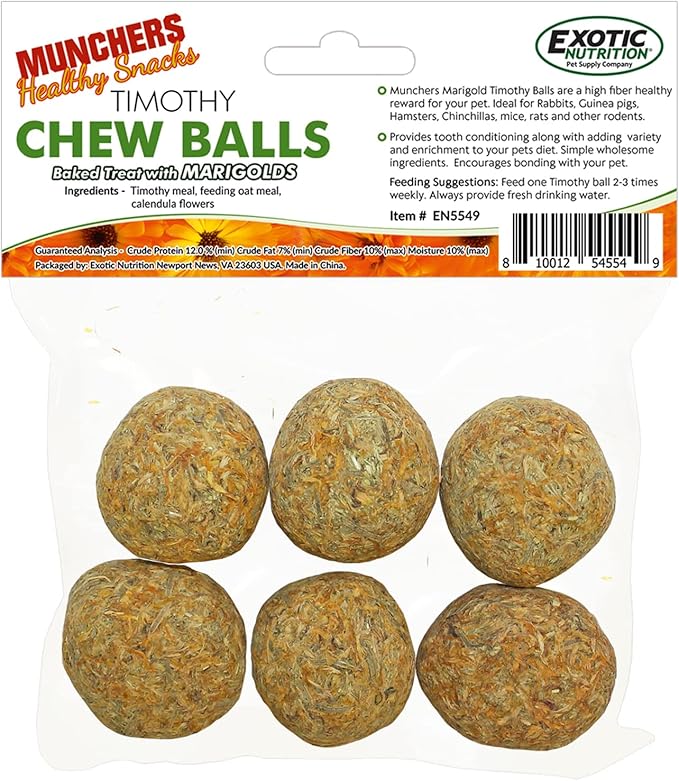 Munchers Marigold & Timothy Chew Balls - Healthy Natural Hay & Flower Chew Treat - Guinea Pigs, Hamsters, Rabbits, Degus, Prairie Dogs, Chinchillas, Squirrels, Opossums, Rats, Gerbils & Small Pets