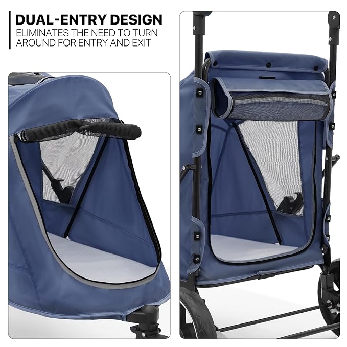 MoNiBloom Pet Stroller for Large Dogs or Multiple Dogs Cats with Adjustable Handle, 3-Wheels Dual Entry Portable Dog Carting Easy Folding Pet Wagon Double Dog Stroller up to 55 lbs, Navy Blue