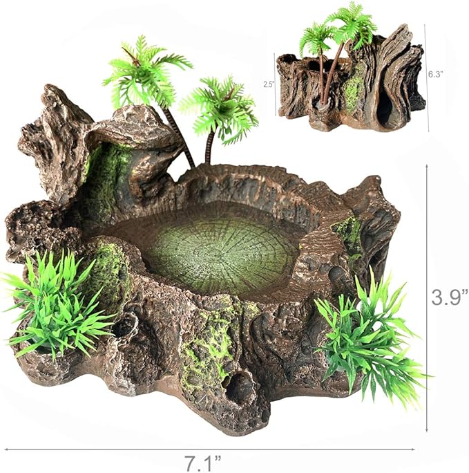PINVNBY Resin Reptile Platform, Bearded Dragon Water Dish, Artificial Tree Trunk Reptile Feeder Food Water Dish Bowl for Bearded Dragon, Lizard, Gecko, Water Frog, Snake (Smooth)