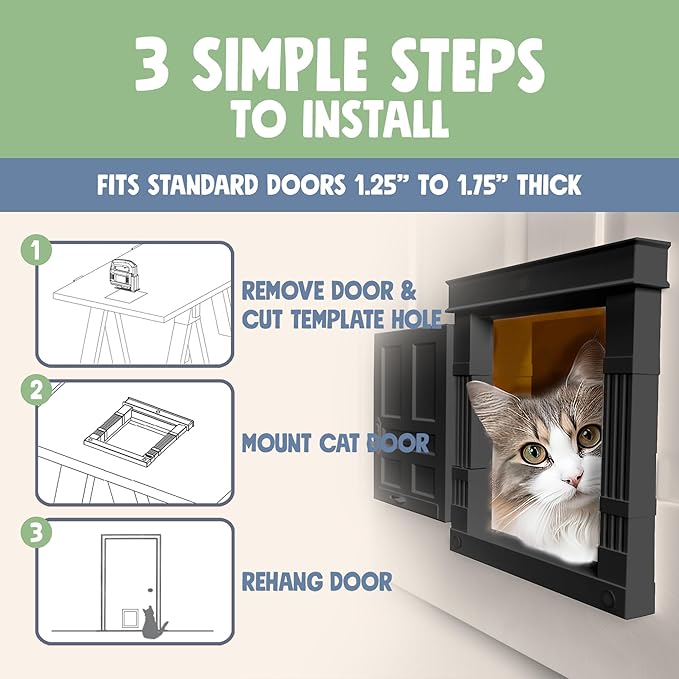 Beacon Hill Interior Cat Door Black- Durable Indoor Cat Door for Tall Cats or Dogs, No Flaps, Stylish and EASY DIY Pet Door, Spacious Large Kitty Door for Cats Up to 20 lbs, by Purrfect Portal