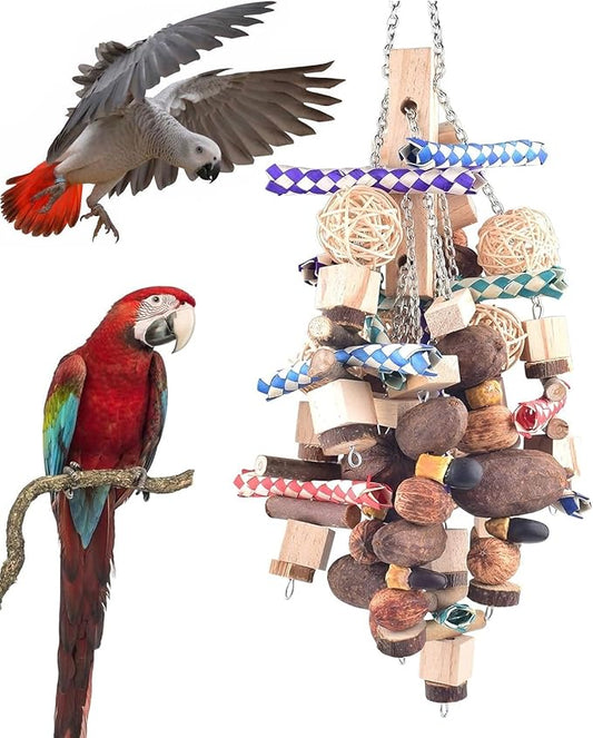 Bissap Large Parrot Chew Toys, 20.8in Bird Parrot Hanging Bite Wooden Blocks Cage Fun Toy for Macaw African Greys Cockatoo Eclectus Budgies Parakeet Cockatiel ect Large Medium Birds