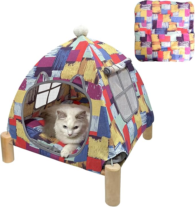 Pozico 2 in 1 Cat Bed Tent Wooden Frame Cat Teepee Cat Hammock, Quick Assembly and Disassembly, Portable Indoor/Outdoor Pet Dog Tent House for Cats Puppies Small Animals:Colorful Blocks Tent