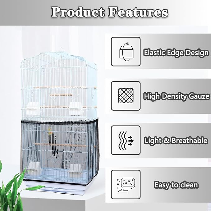 Bird Cage Seed Catcher, Bird Cage Net Cover Adjustable Bird Cage Netting Seed Catcher for Bird Cages Seed Catcher Guard Net Cover Bird Cage Skirt for Parrot Parakeet Macaw Round Square Cages - Black