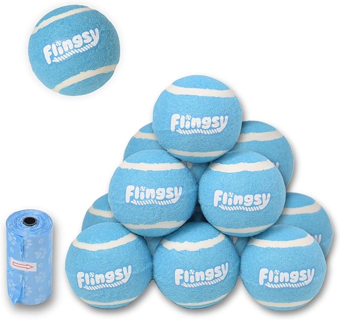 Tooth-Safe Box of 12 Dog Tennis Balls Bright Blue Pet Fetch Ball for Flingsy Toy 2.5" Standard Size Non-Squeak Dozen Twelve Pack Compatible with Regular Medium Thrower and Launcher