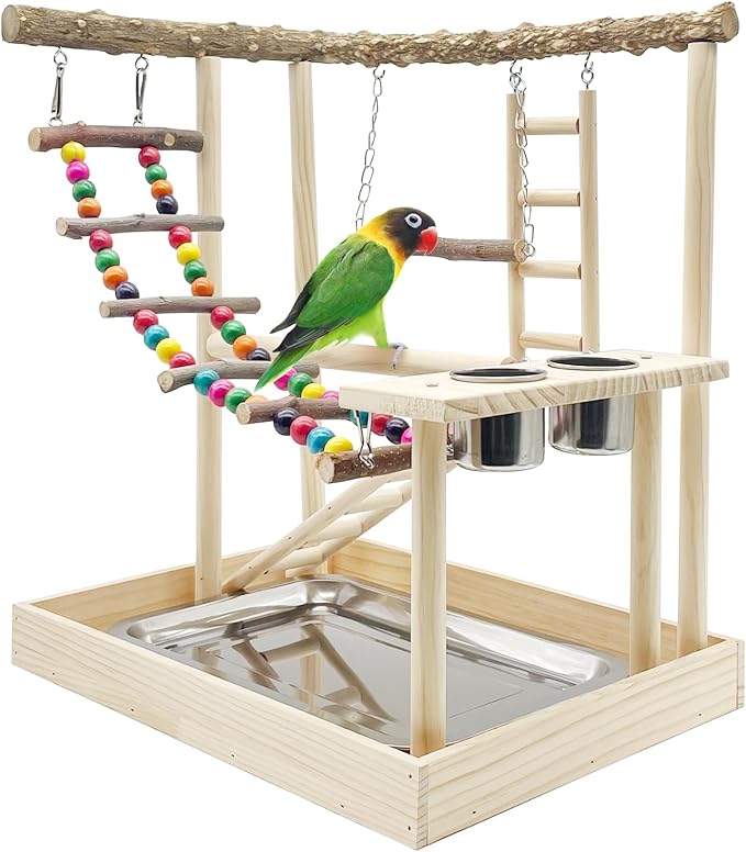 Hamiledyi Bird Playground Parrots Wood Perch Stand Cockatiel Playground Bird Play Gym Colours Climb Ladders Swing Chewing Toys with Parakeet Feeding Cups Exercise Activity Center for Lovebirds Conure