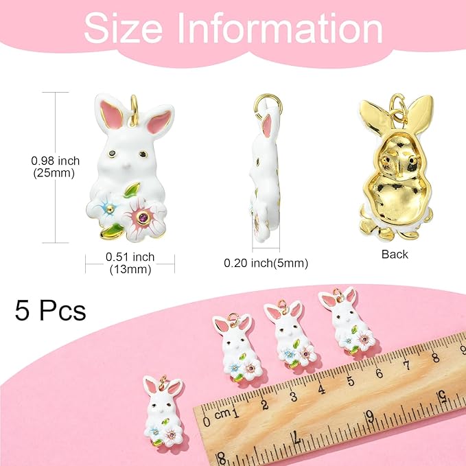 LiQunSweet 5 Pcs Micro Pave Cubic Zirconia Charms with Enamel White Bunny Rabbit Charm for Easter Jewelry Making DIY Accessories - 25x13mm