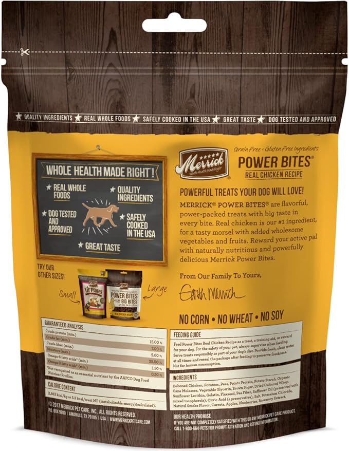 Merrick Power Bites Natural Soft And Chewy Real Meat Dog Treats, Grain Free Snack With Real Chicken Recipe - 6 oz. Bag