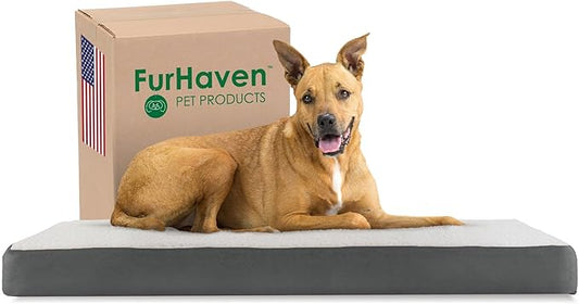 Furhaven Memory Foam Dog Bed for Large/Medium Dogs w/ Removable Washable Cover, For Dogs Up to 55 lbs - Sherpa & Suede Mattress - Gray, Large