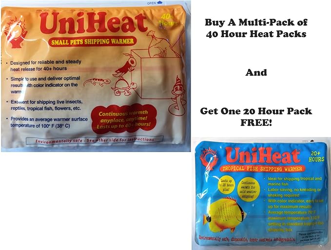 Uniheat Shipping Warmers, Heat Packs, 40 Hour - 24 Pack, for Overnight Shipping of Live Pets - Reptiles, Fish, Corals, Chicks, Insects, etc. + FREE 20 Hour Heat Pack Included!