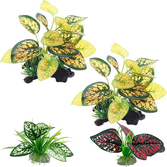 Reptile Artificial Plants, Terrarium Plants Decorations Supplies, Aquarium Fish Tank Plant, Amphibian Habitat Hideout Tank Accessories(M Set-4pcs/C)