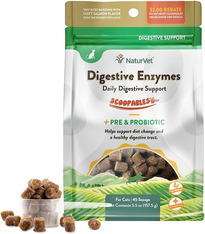 NaturVet Scoopables Cat Digestive Support - Digestive Enzymes for Cats with Probiotic - Supports Diet Change, Sensitive Stomachs & Healthy Digestive Tract - Salmon Flavored | 5.5oz Bag