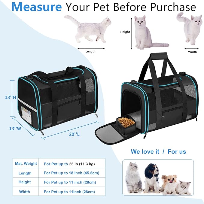 Large Cat Carrier Dog Carrier, Pet Carrier for Large Cats, Dog Carrier for Medium Small Dogs, Collapsible Soft Sided Pet Carrier for Cats Dogs Puppy of 25l bs, Black