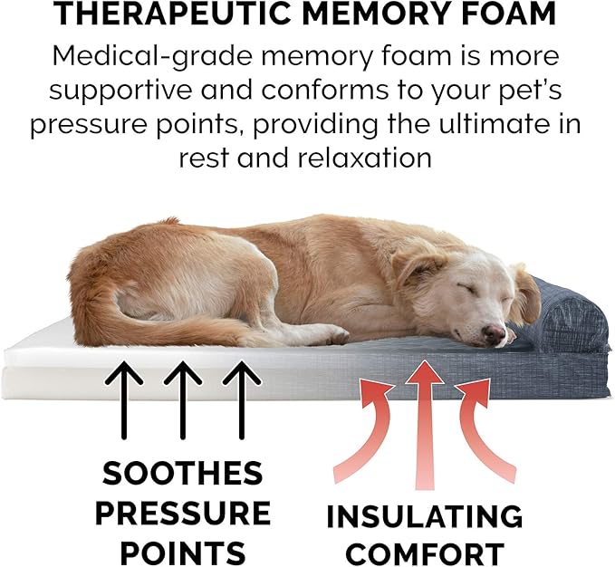Furhaven Memory Foam Dog Bed for Medium/Small Dogs w/ Removable Bolster & Washable Cover, For Dogs Up to 35 lbs - Quilted Fleece & Suede Print Bolster Chaise - Dark Blue, Medium