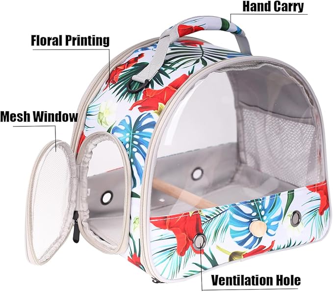 Portable Small Bird Travel Carrier Cage with Stand Perch, Bird Carrier to Carry Parakeet Budgies Parrot Cockatiel Conure Outdoor, Front Clear Window with Floral Printing