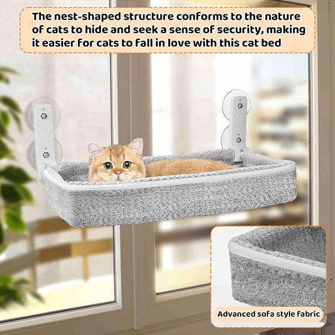 Cat Window Perch & Hammock - Exquisite Sofa Fabric, Safe & Comfortable Design with 4 Strong Suction Cups - Ideal for Large Cats (High Grade Gray, Large)