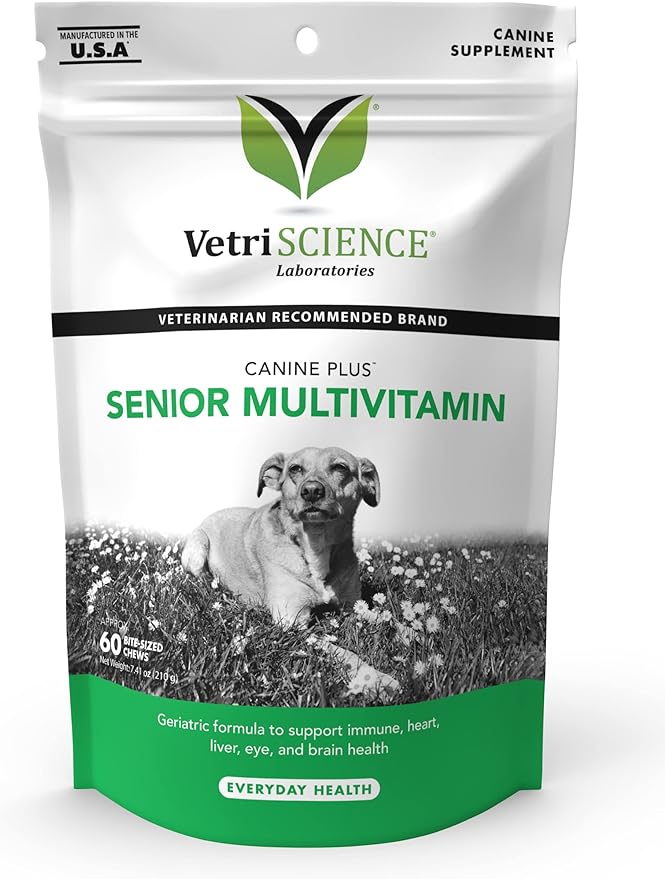 VETRISCIENCE Canine Plus MultiVitamin for Senior Dogs - Vet Recommended Vitamin Supplement - Supports Mood, Skin, Coat, Liver Function, 60 Chews (packaging may vary)