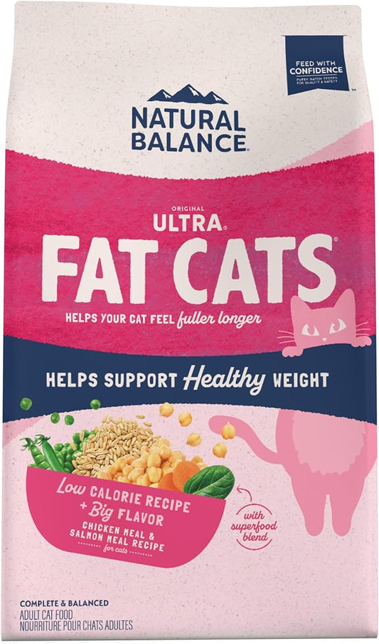 Natural Balance Fat Cats Low-Calorie Dry Cat Food for Overweight Adult Cats, Chicken Meal, Salmon Meal, Garbanzo Beans, Peas & Oat Groats Recipe, 15 Pound (Pack of 1)