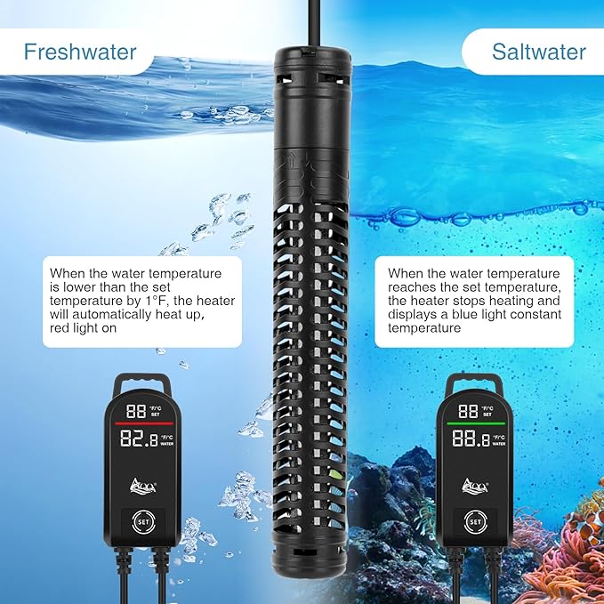 AQQA Aquarium Heater,300W 500W 800W 1000W 1200W Fish Tank Heater,59℉-93℉ Submersible Intelligence Aquarium Heater with Over-Temperature Dry Burning Protection (800W(for 80-210 Gallon))