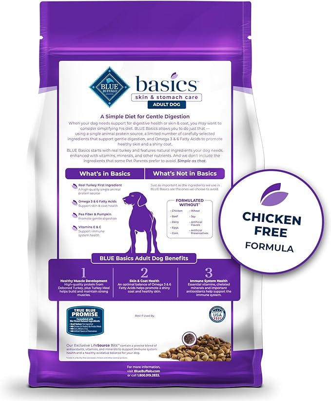 Blue Buffalo Basics Adult Dry Dog Food, Skin & Stomach Care, Limited Ingredient Diet for Dogs, Turkey Recipe, 11-lb. Bag